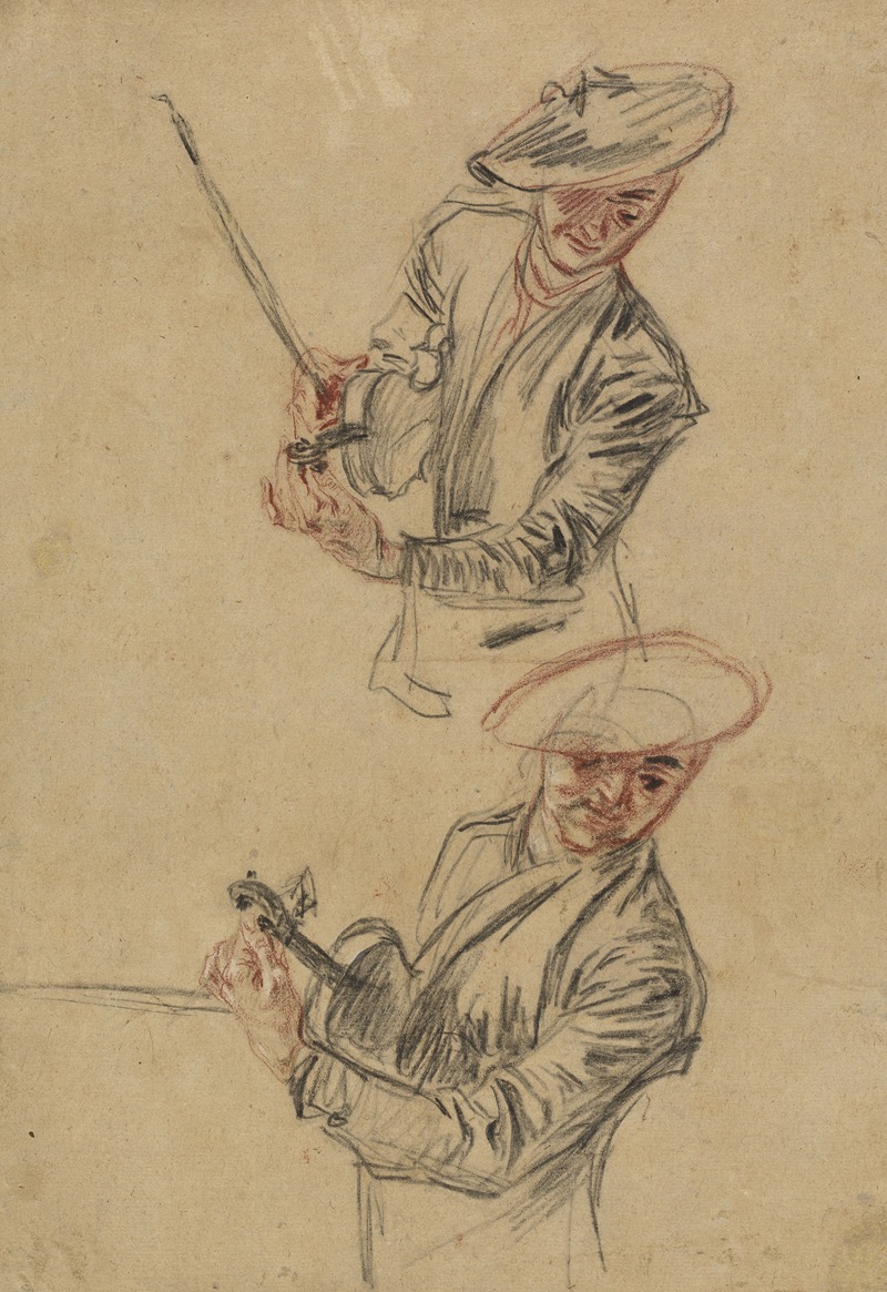 A painting depicting a violinist tuning his instrument.