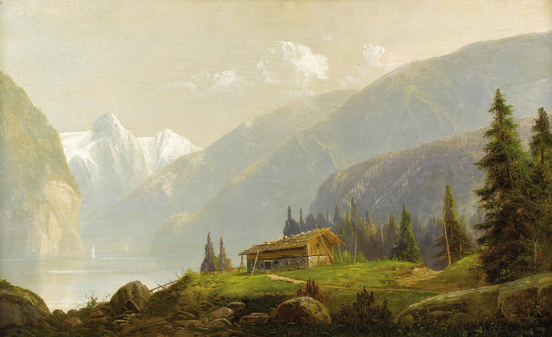Alpine landscape with a mountain hut, oil painting by Hermann Ottomar Herzog