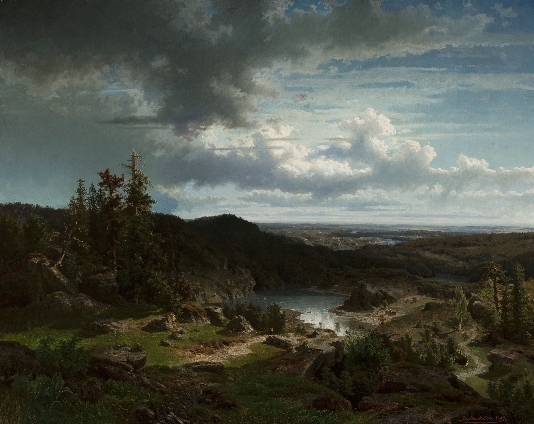 Landscape by Morten Müller, oil painting depicting a dark patch on the horizon.