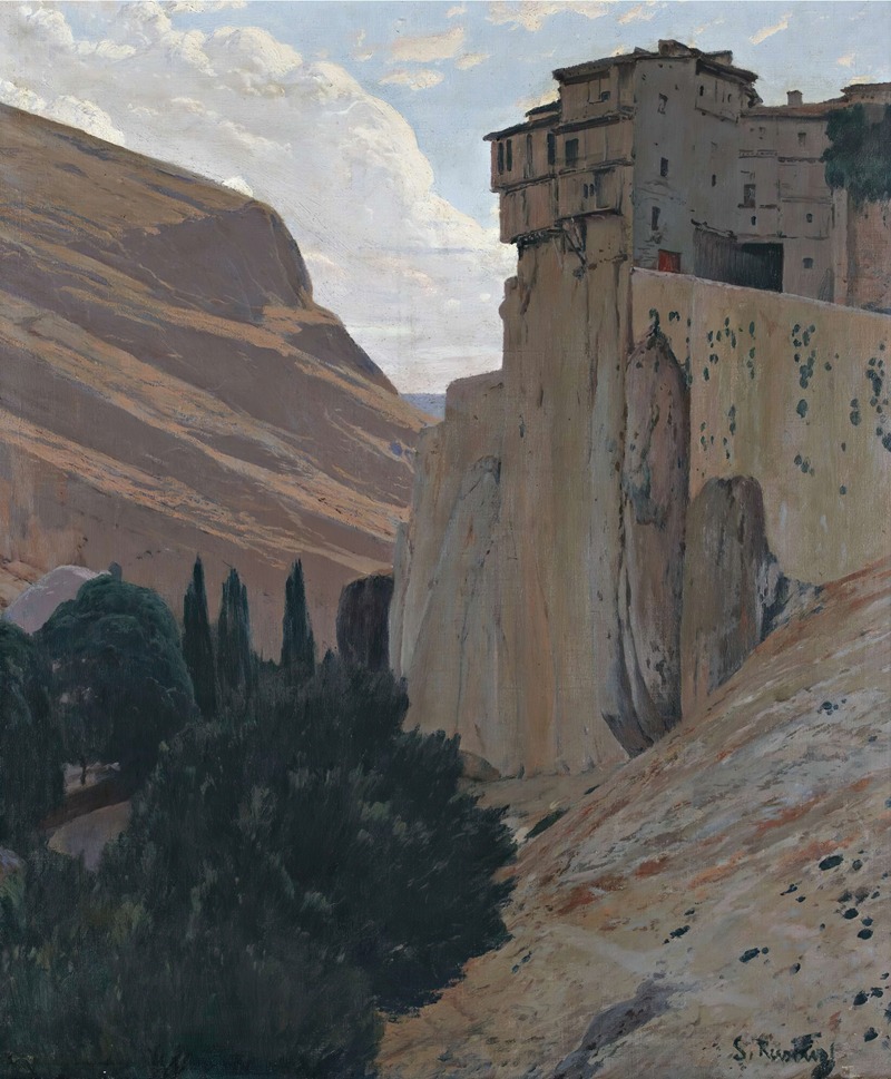 A painting of the famous Hanging Houses in Cuenca, Spain.