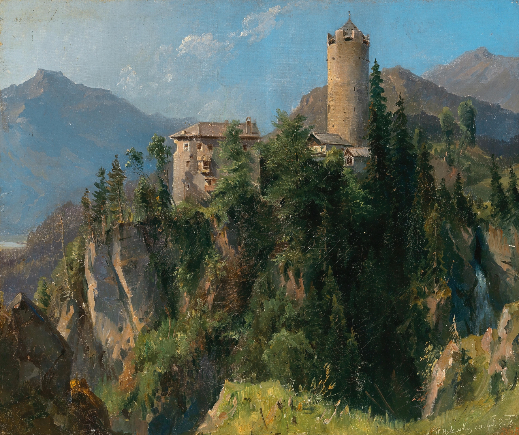 Landscape featuring Klamm Castle in Tyrol, oil painting by Ludwig Halauska