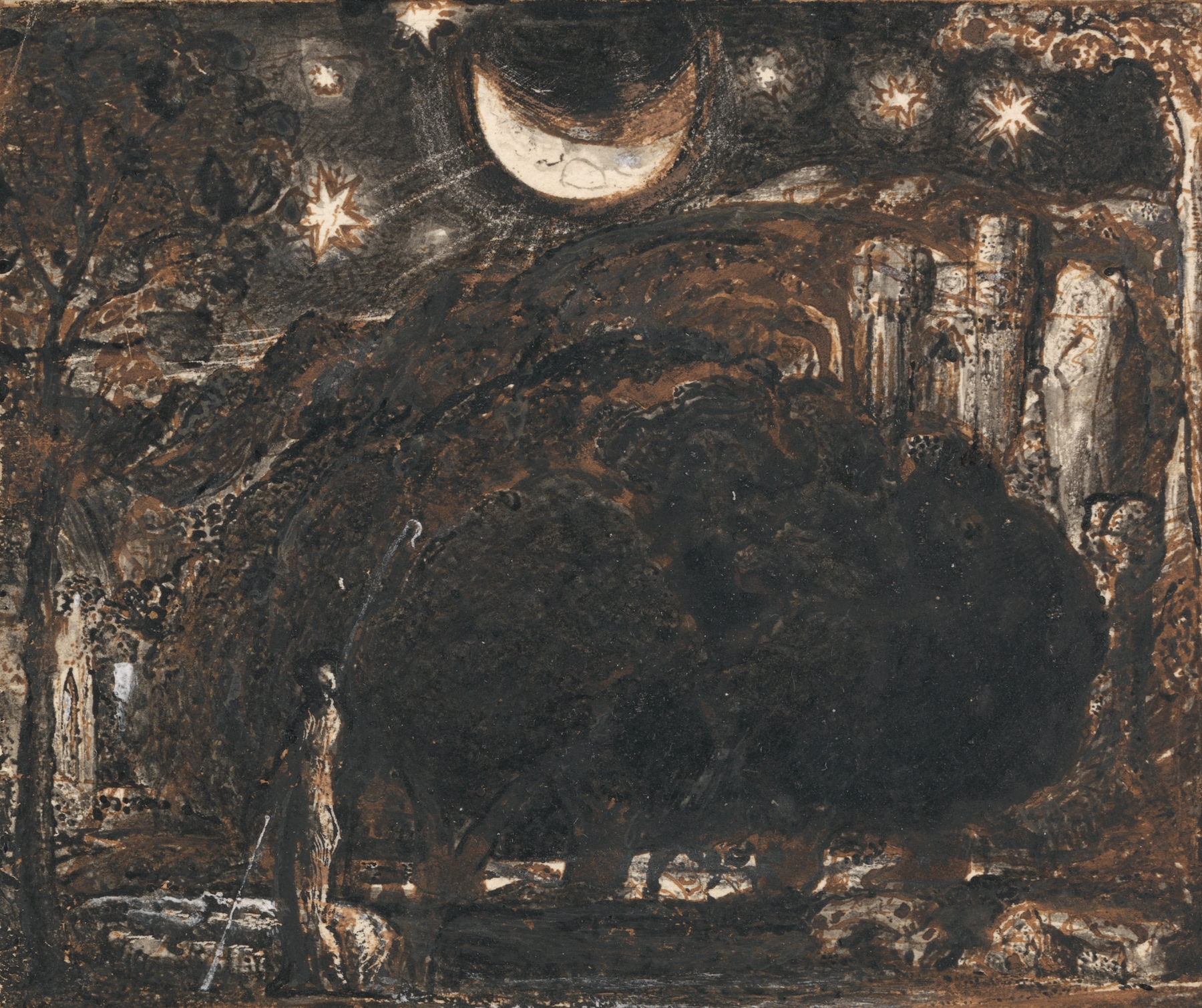 A Shepherd and his Flock under the Moon and Stars, by Samuel Palmer, public domain