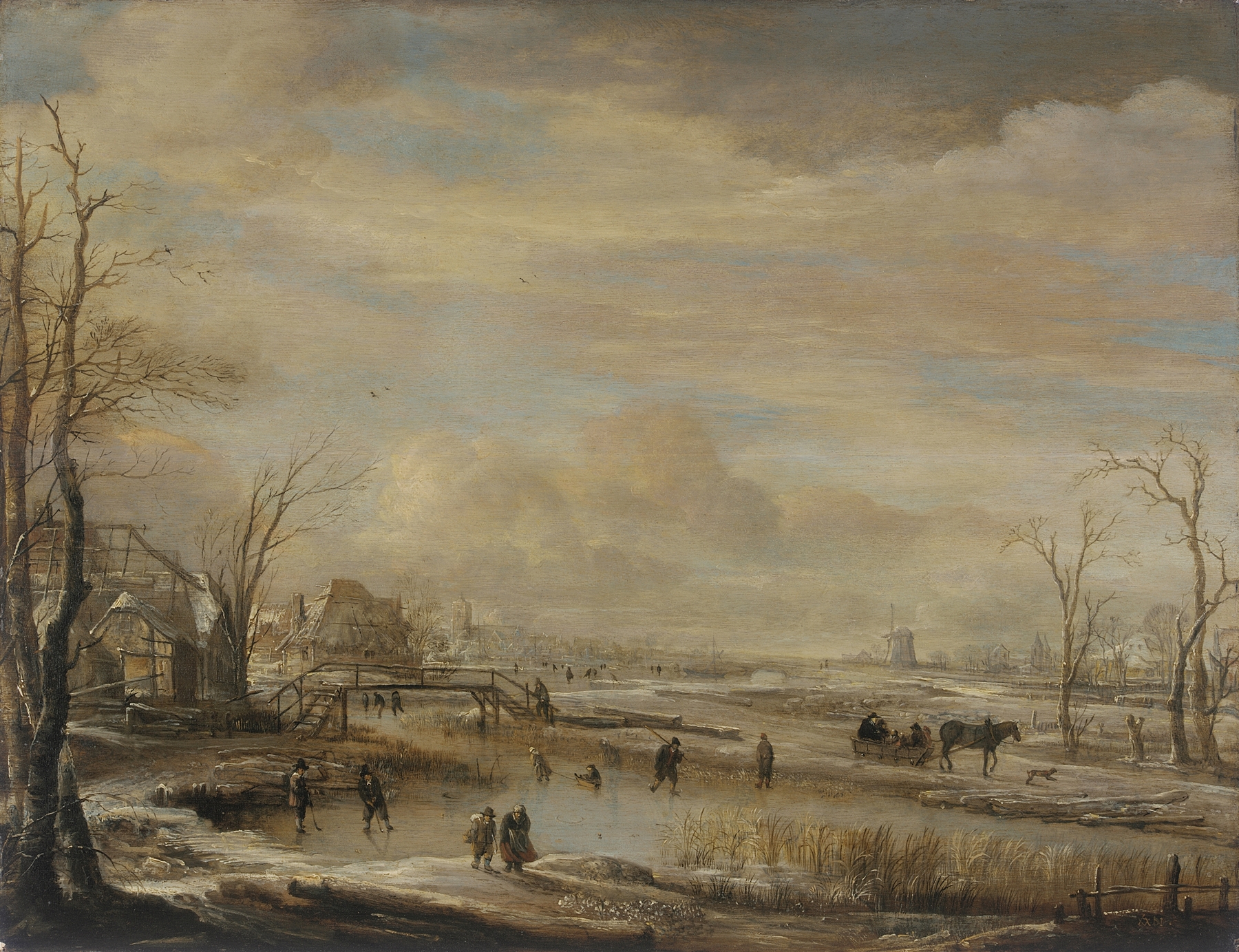 Frozen River with a Footbridge, by Aert van der Neer, public domain