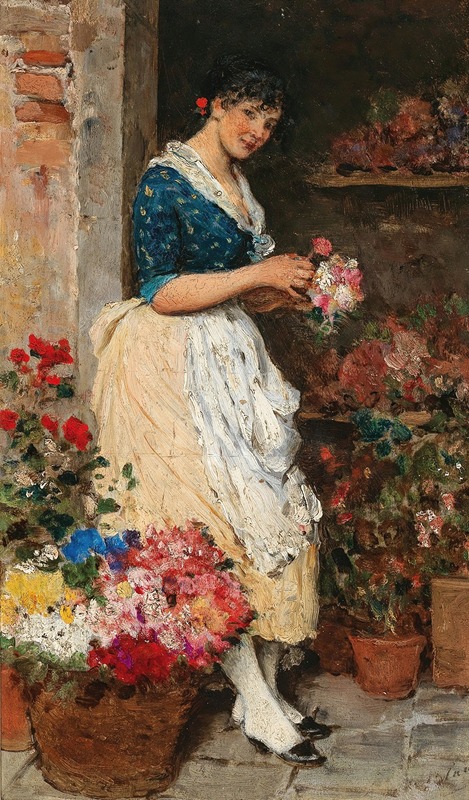A young Venetian girl holding a bouquet of flowers.