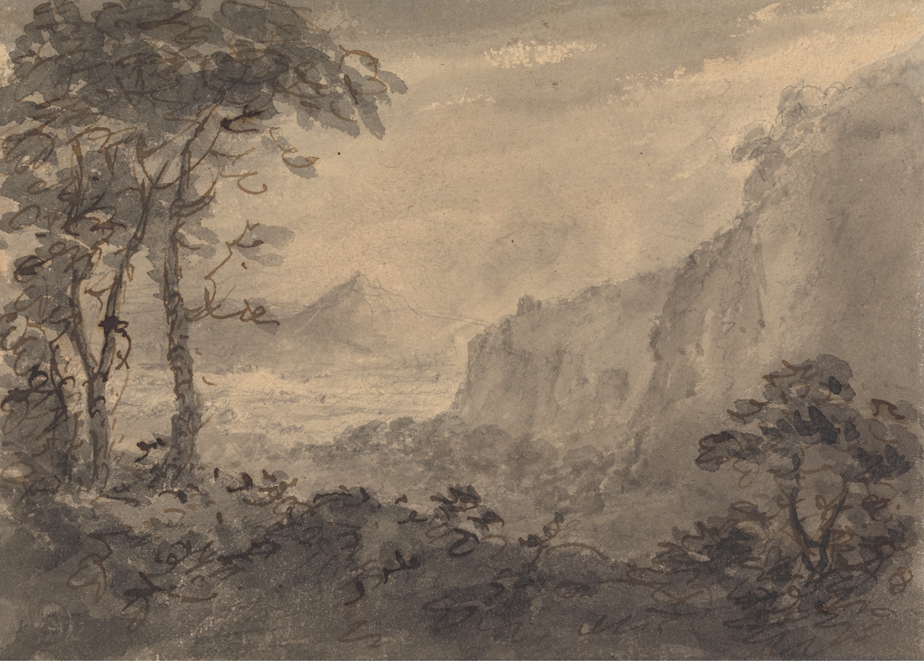 Mountainous landscape with trees, watercolor on paper by William Gilpin