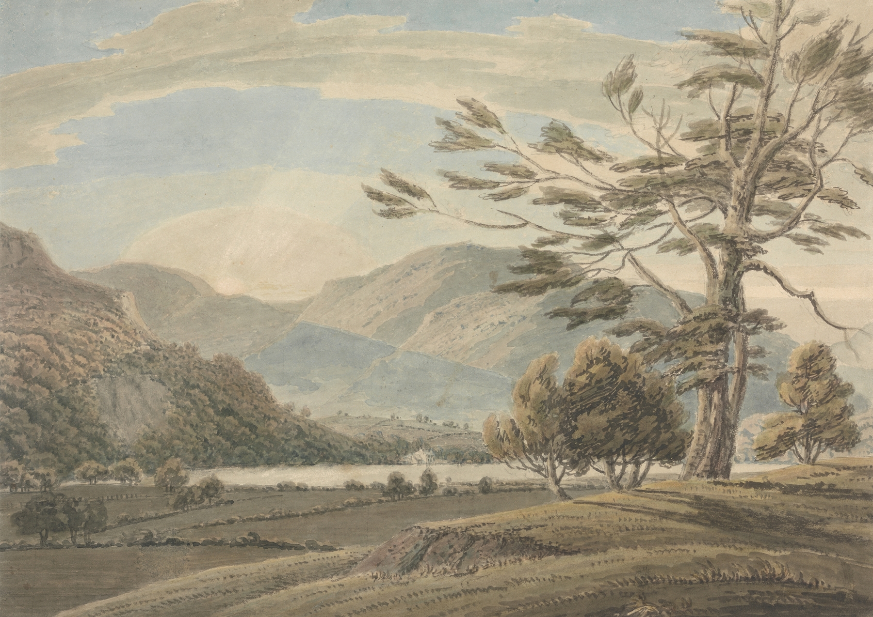 Landscape oil painting by Thomas Sunderland featuring trees, lakes, and mountains