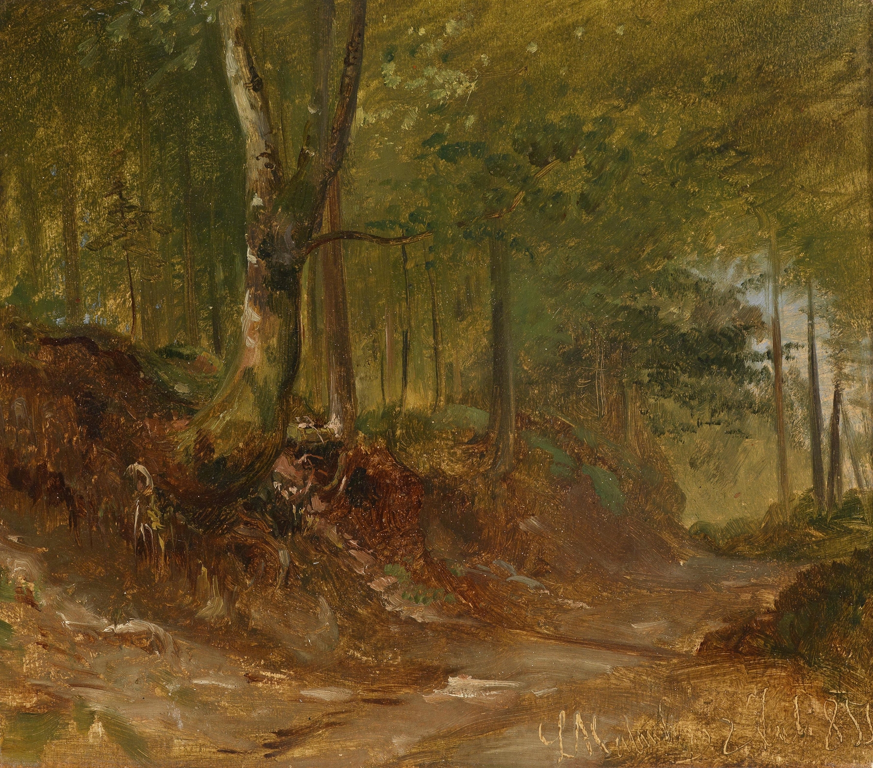 Waldweg by Ludwig Halauska, oil on canvas depicting a forest path illuminated by dappled light.