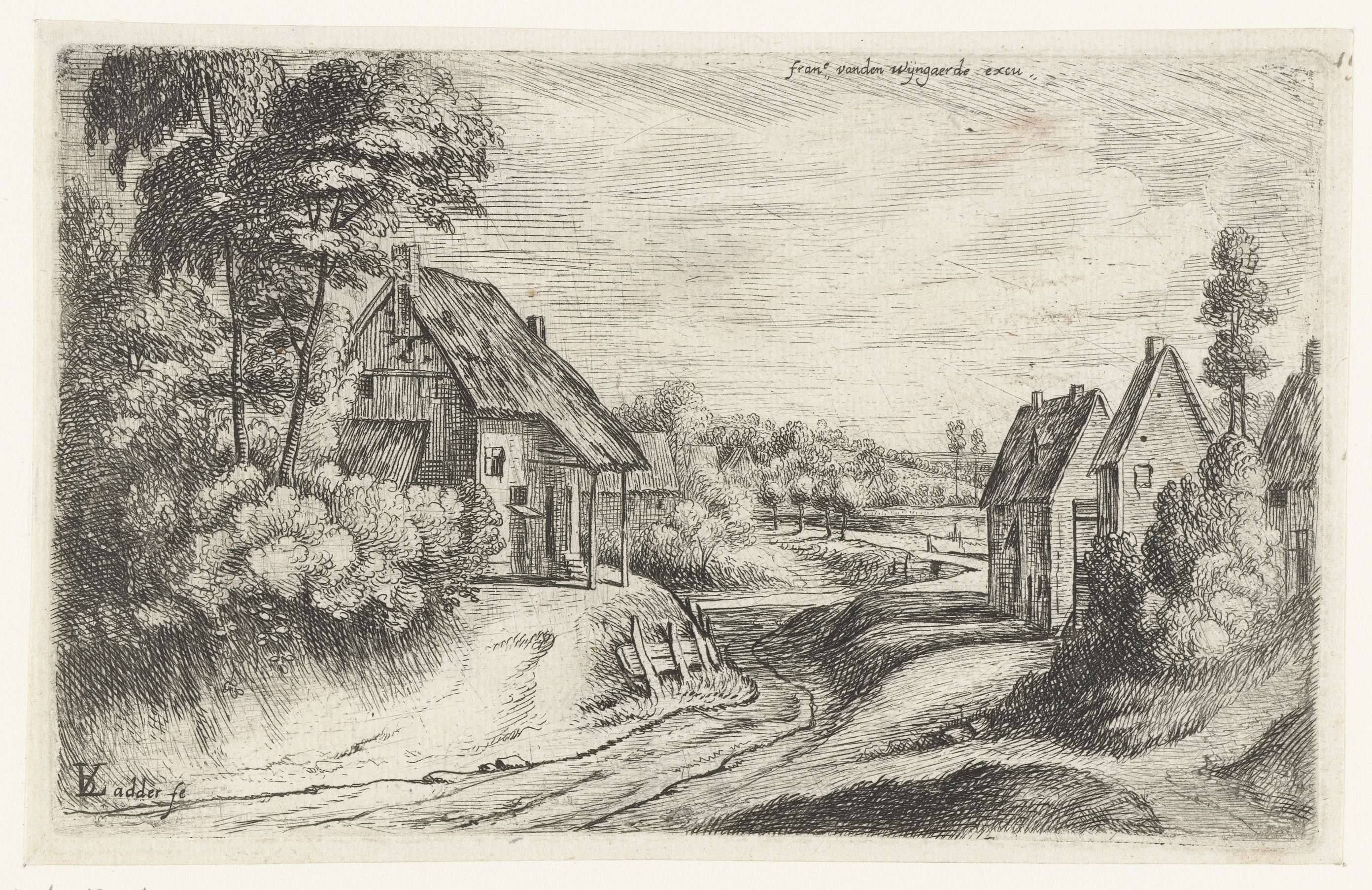 Landschap met twee boerderijen langs een weg, etching by Lodewijk de Vadder