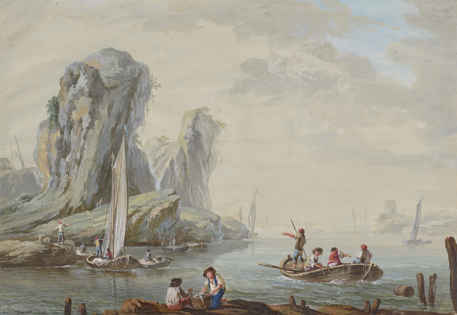 Marine scene with fishermen and large rocks, oil painting by Jean-Baptiste Pillement