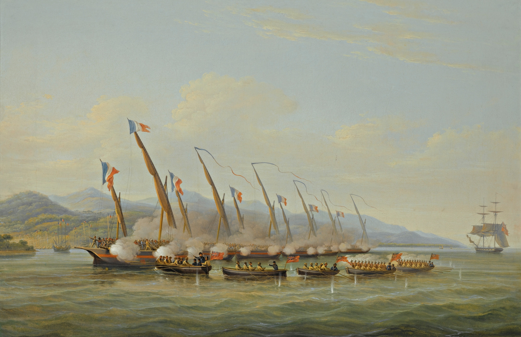 Naval battle scene with ships in tumultuous waters, oil painting by William John Huggins