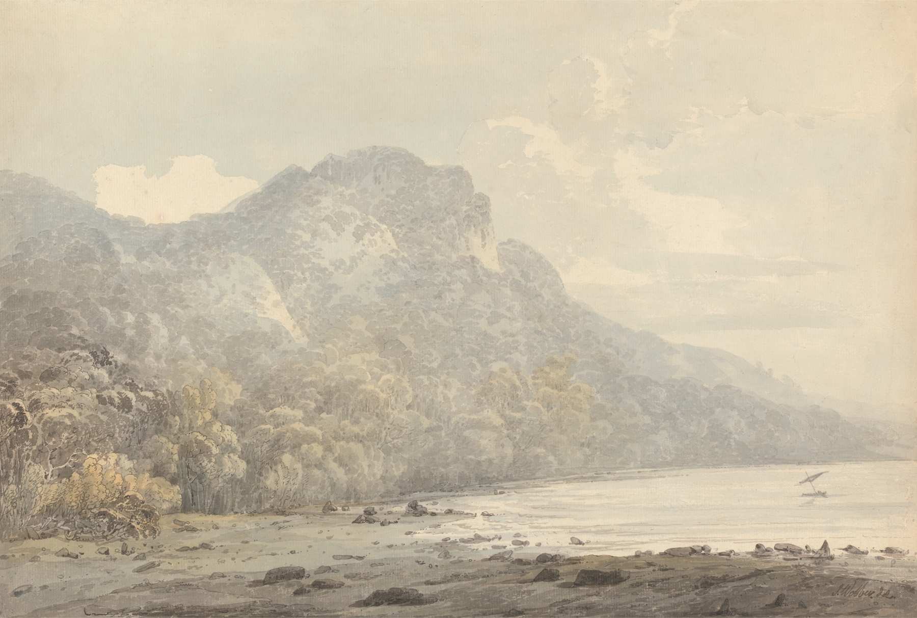 View of Cracatoa by John Webber, oil on canvas depicting a volcano and calm sea
