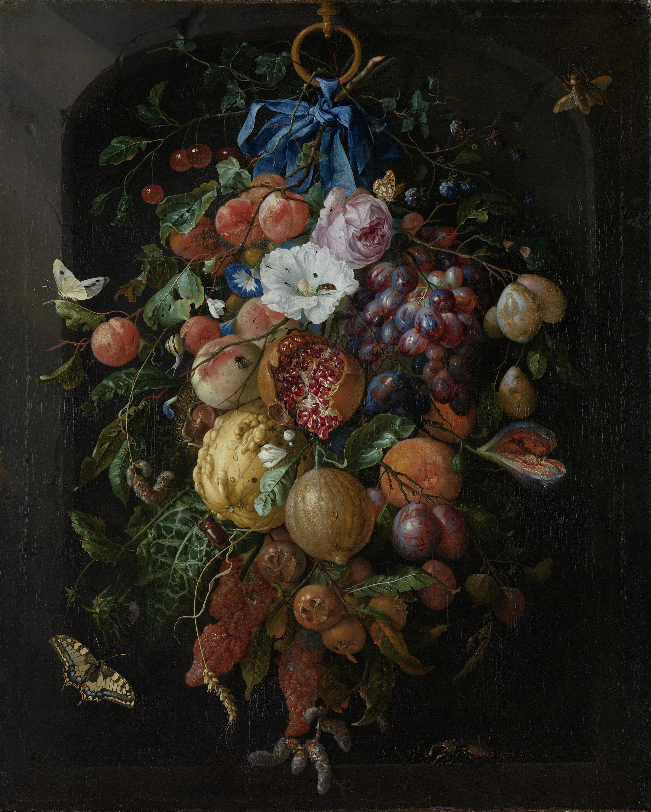 Festoon of Fruit and Flowers by Jan Davidsz. de Heem, oil on canvas, featuring fruits, flowers, and insects.