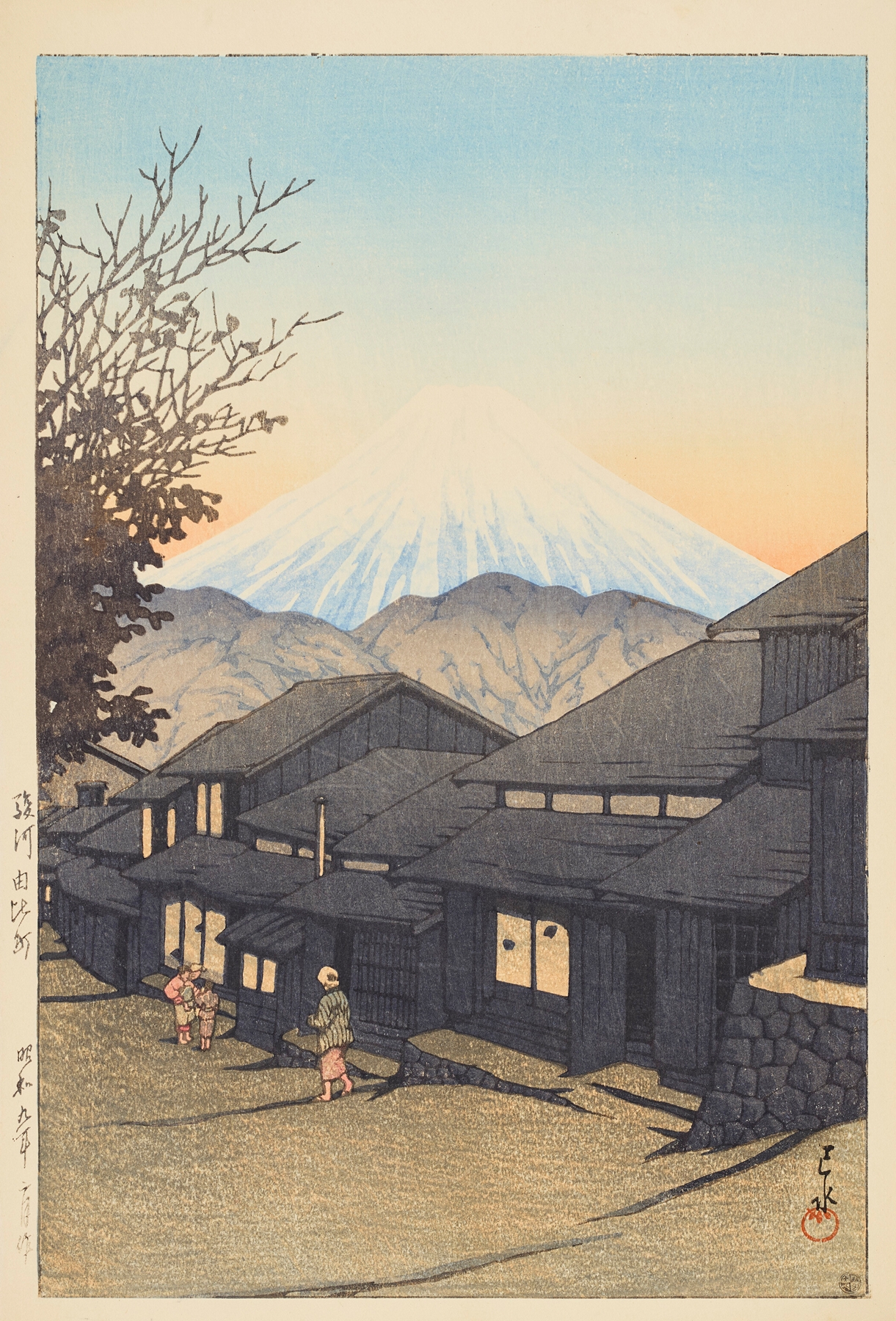 Ukiyo-e landscape by Kawase Hasui, depicting a river and hills in soft blue hues