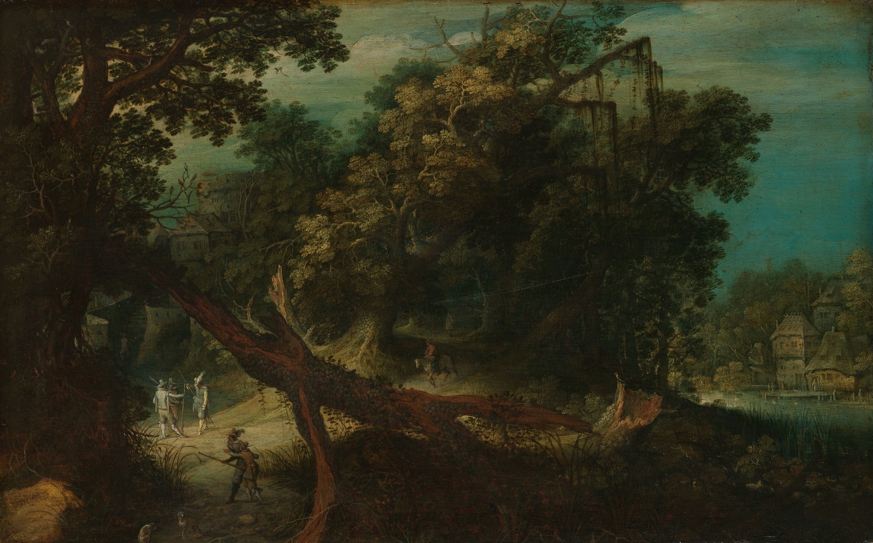 Shooters in a Forest Glade, oil on panel by Adriaen van Stalbemt, depicting hunters in a sunlit forest.