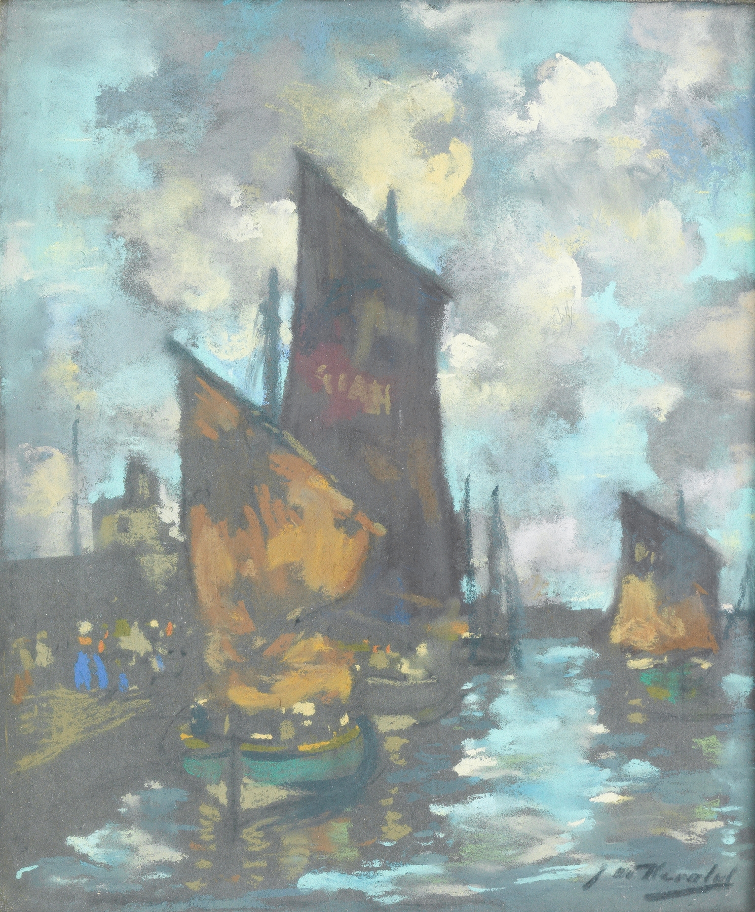 Fishing boats in a harbour, oil on canvas by James Watterston Herald