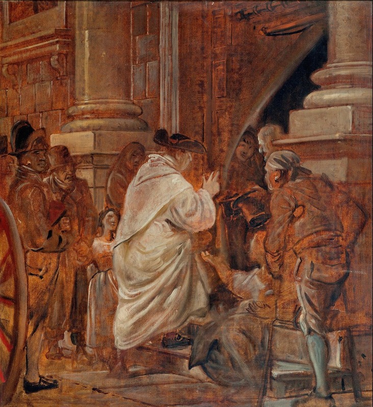 A cardinal blesses beggars at the church doors in this realistic genre scene by Wilhelm Marstrand.