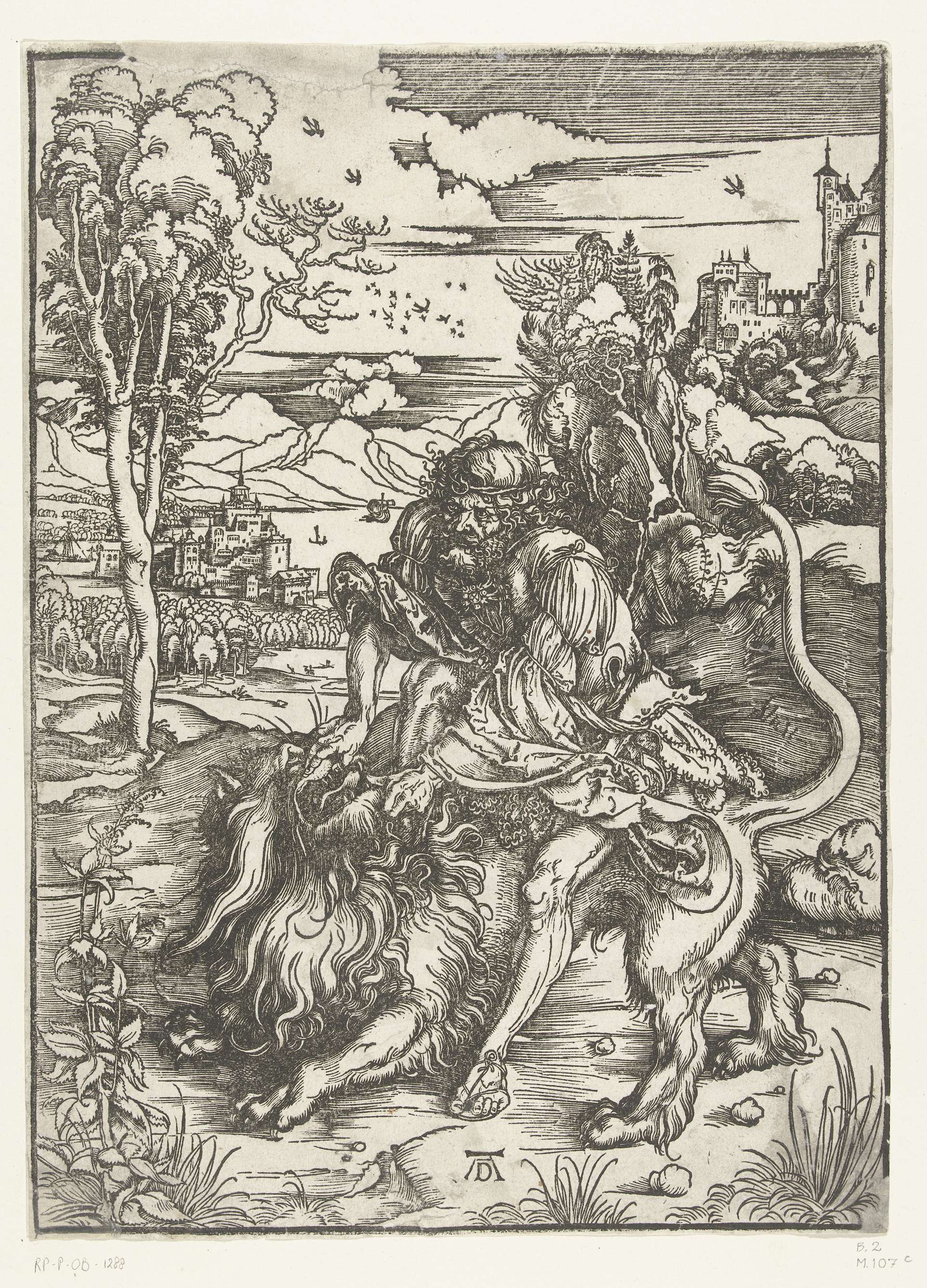 Simson vecht met de leeuw, by Albrecht Dürer, public domain