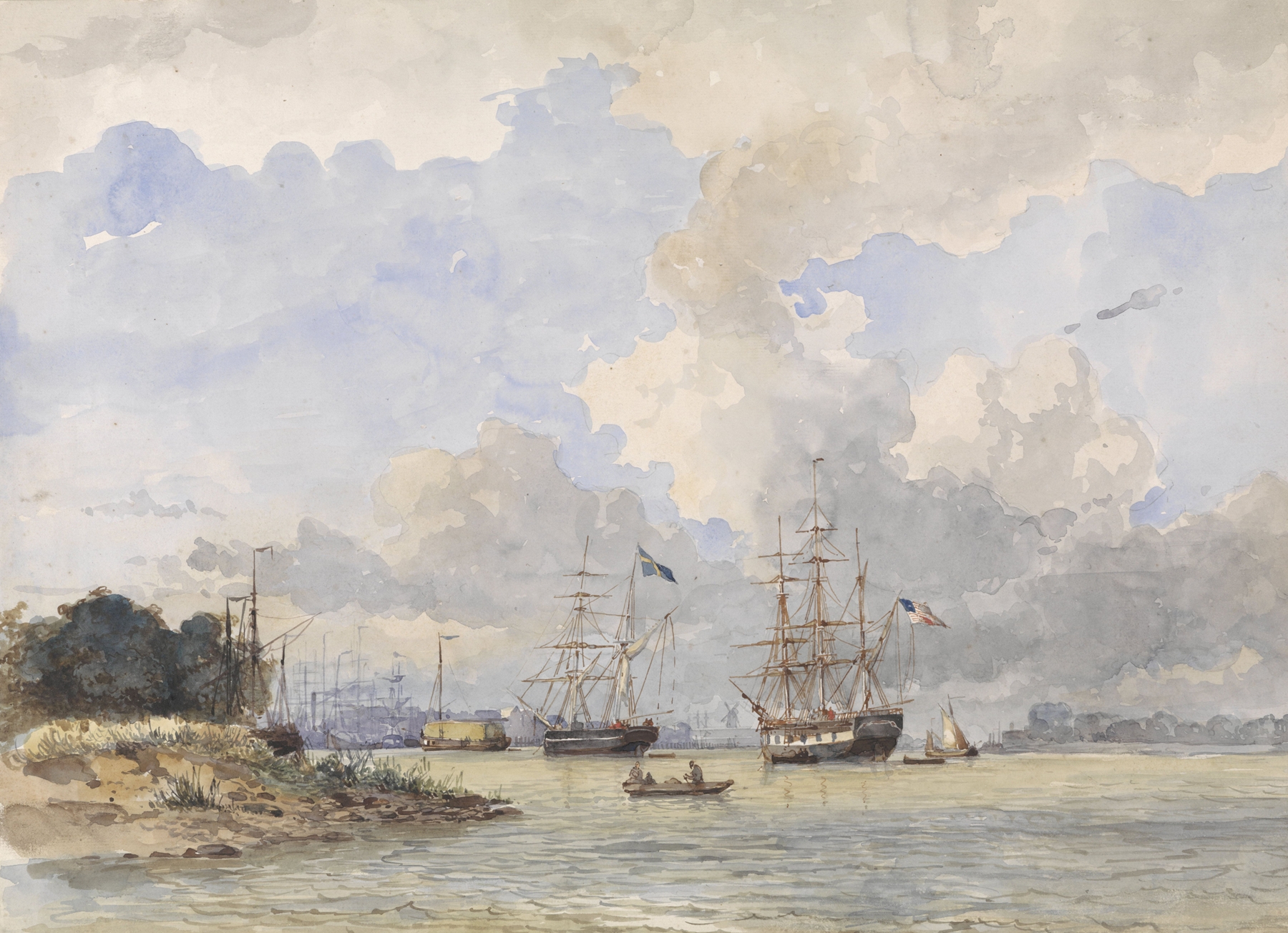 Oil on canvas by Willem Anthonie van Deventer depicting ships on calm water