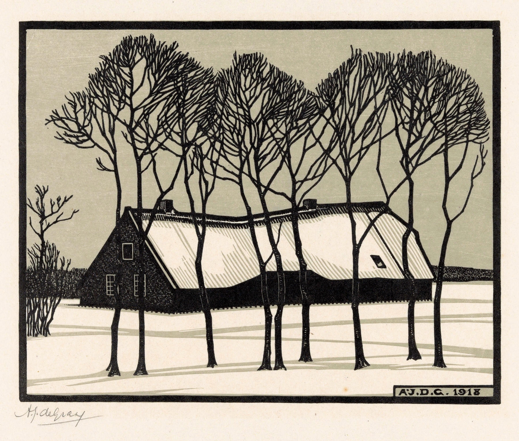 Boerderij in de sneeuw by Julie de Graag, oil on canvas, depicts a farmhouse in a snowy landscape.
