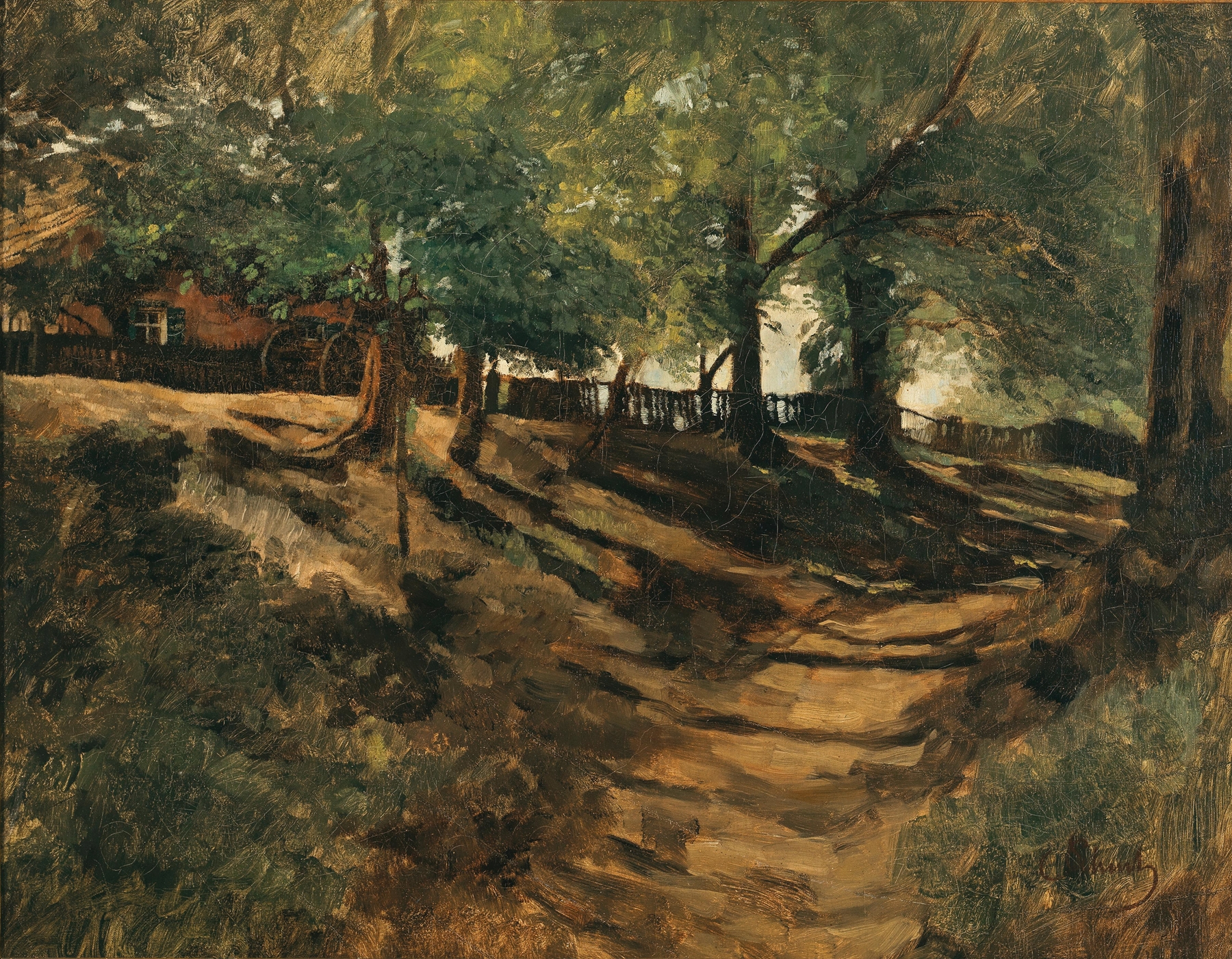 A Farmstead on a Country Road by Carl Schuch, realism, depicting a cottage and road under sunlight.