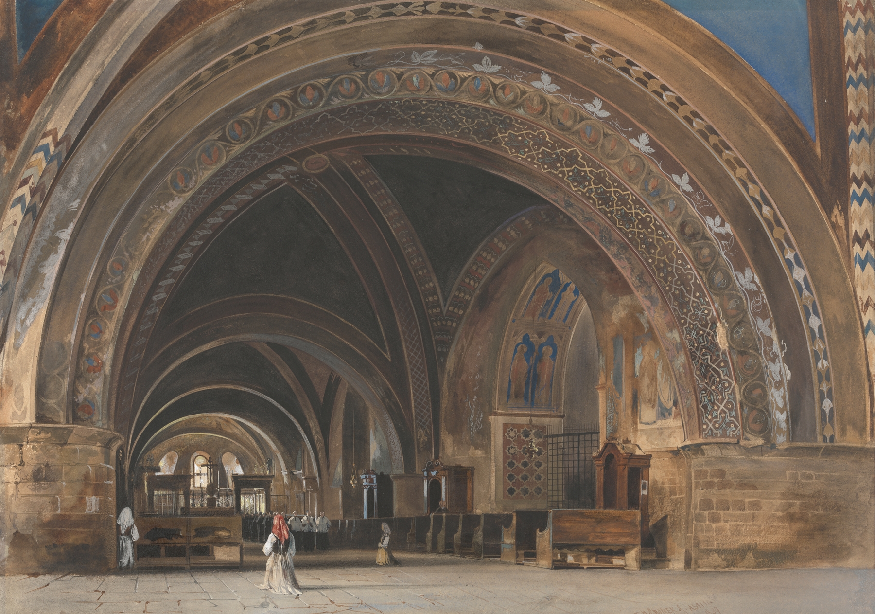 Interior of the Lower Basilica of St. Francis of Assisi by Thomas Hartley Cromek, depicting stained glass and architecture