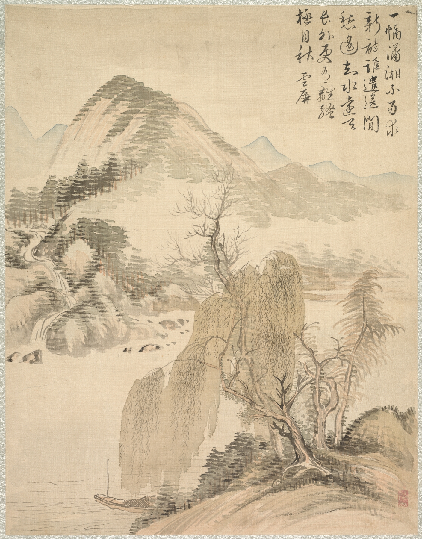 Ukiyo-e of willow branches and a waterfall by Tsubaki Chinzan