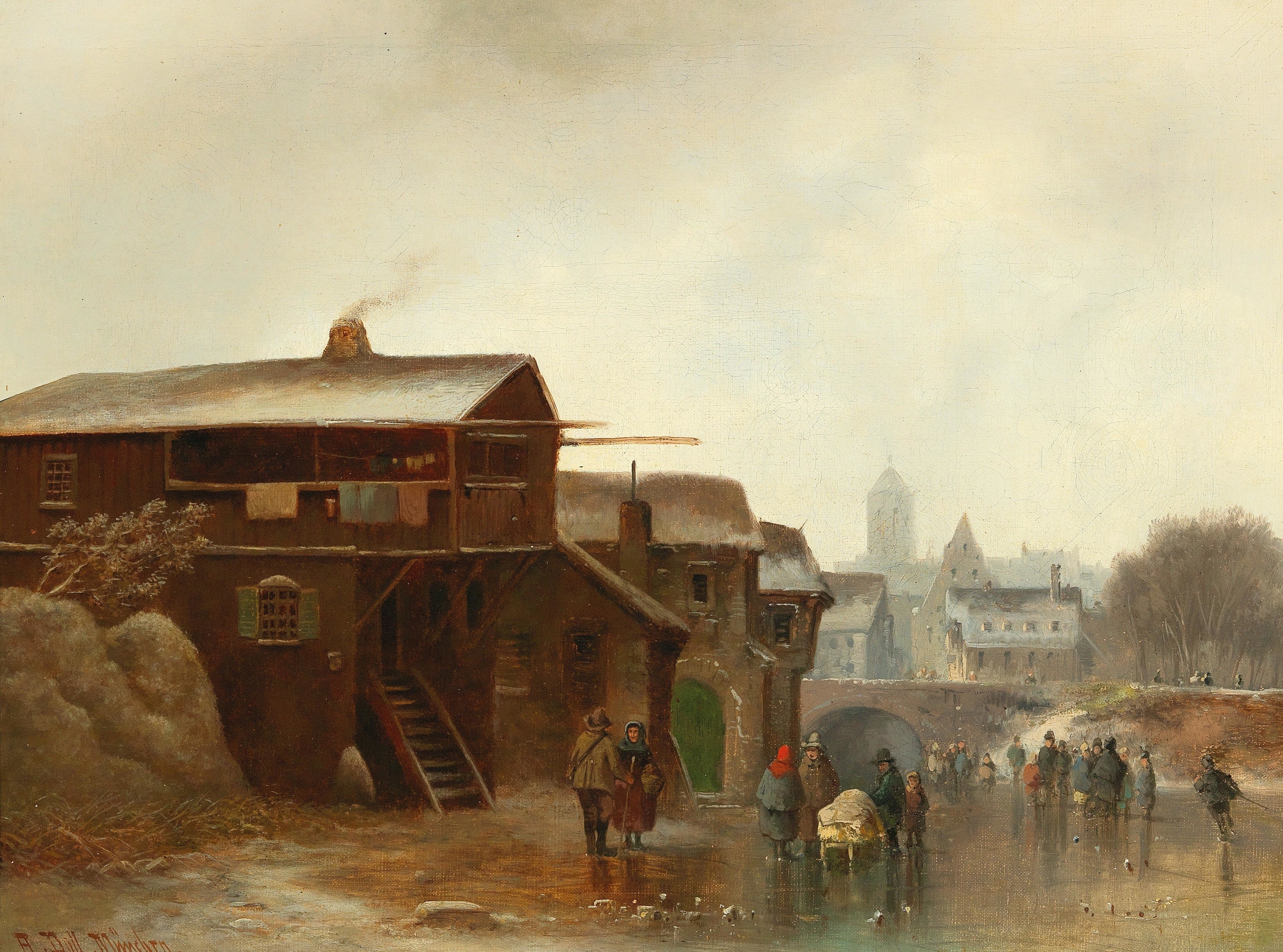 Children playing in the snow, oil on canvas by Anton Doll
