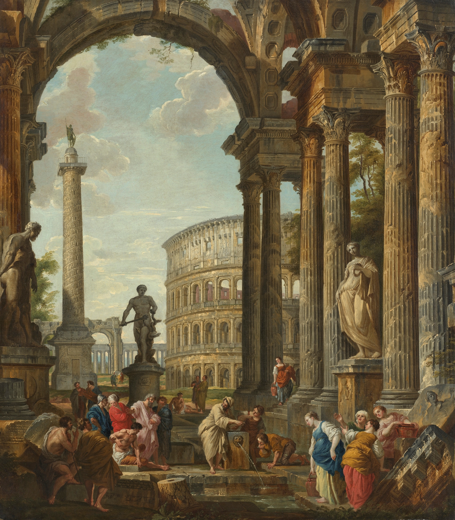 A classical capriccio with the Colosseum, Trajan’s column and the Farnese Hercules, with the Philosopher, by Giovanni Paolo Panini, public domain