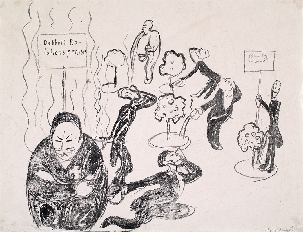 Edvard Munch's *Caricature of the Press* depicts exaggerated figures and features, reflecting the artist's unique style.