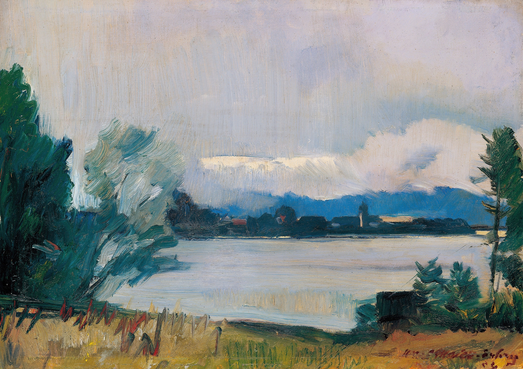 Blick zur Fraueninsel by Hiasl Maier-Erding, oil on canvas depicting twilight over a lake.