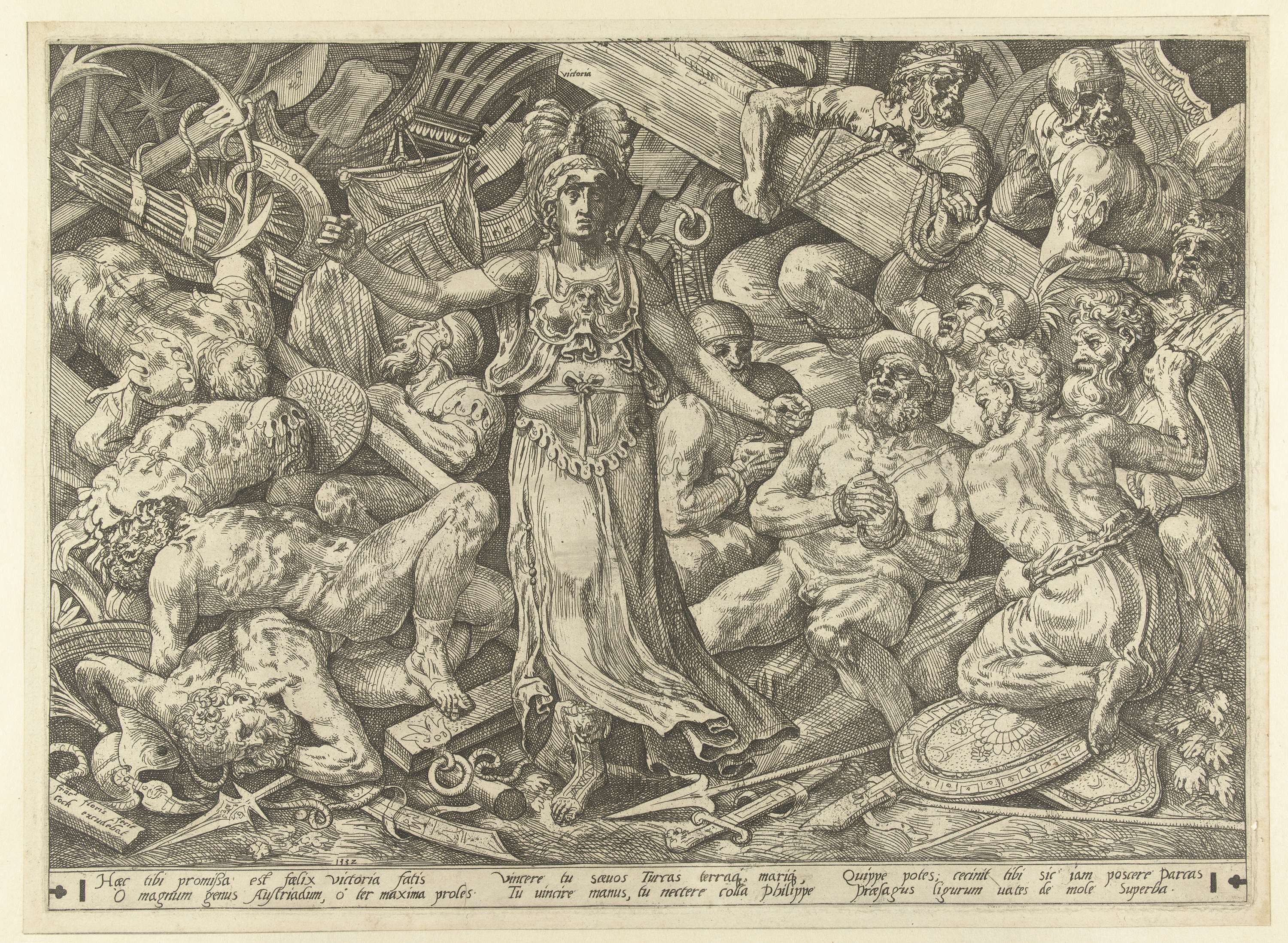 Victoria surrounded by prisoners and trophies, etching by Frans Floris I