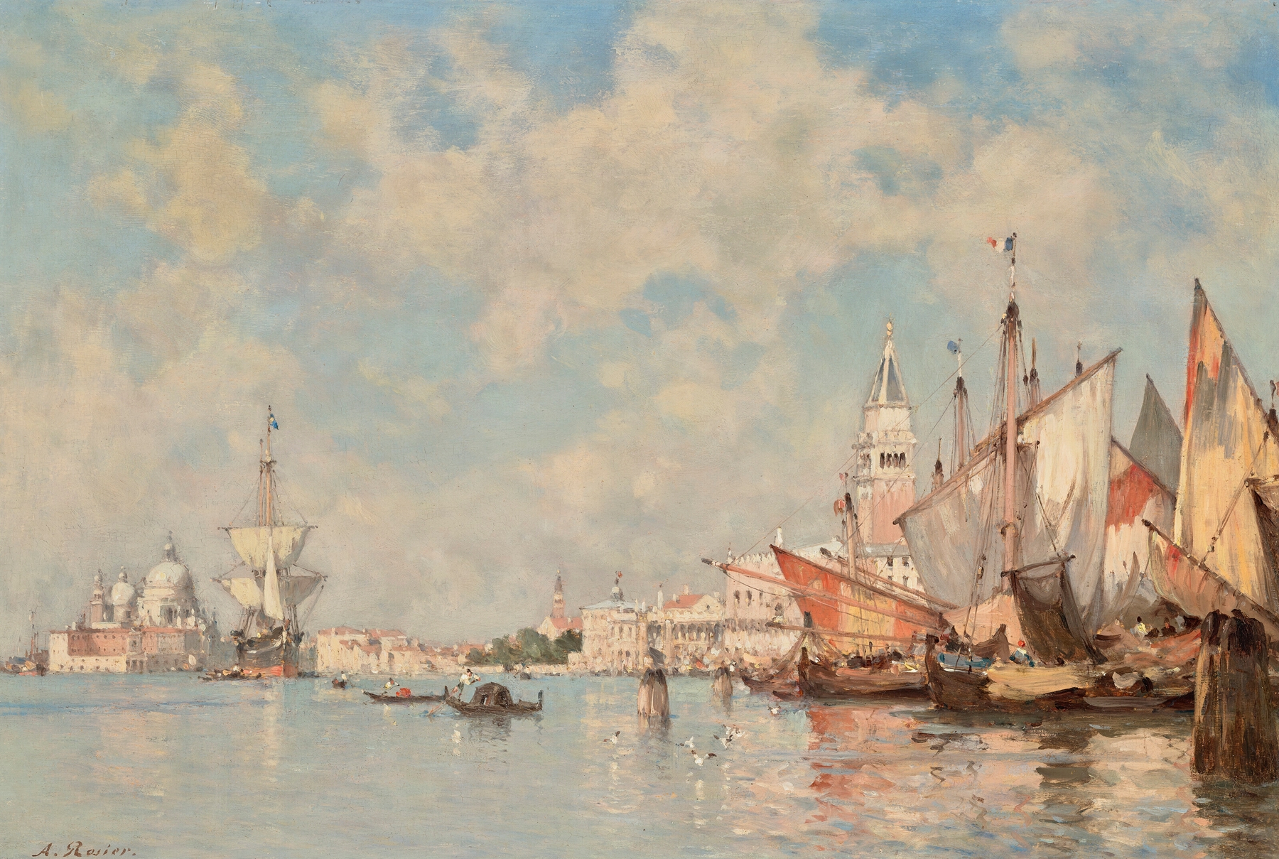 Boats in front of St. Mark’s Square, oil painting by Amédée Rosier