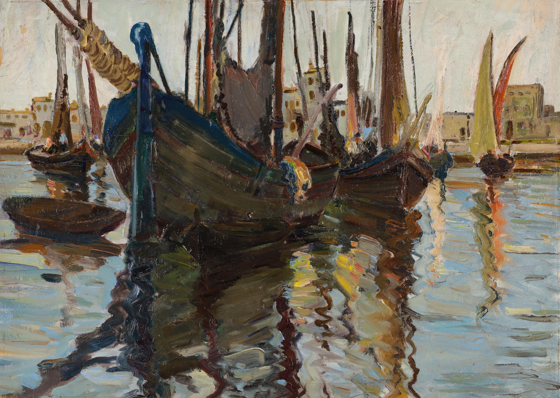 Fischer im Hafen by Demeter Koko, oil on canvas depicting a fisherman casting a net in the water