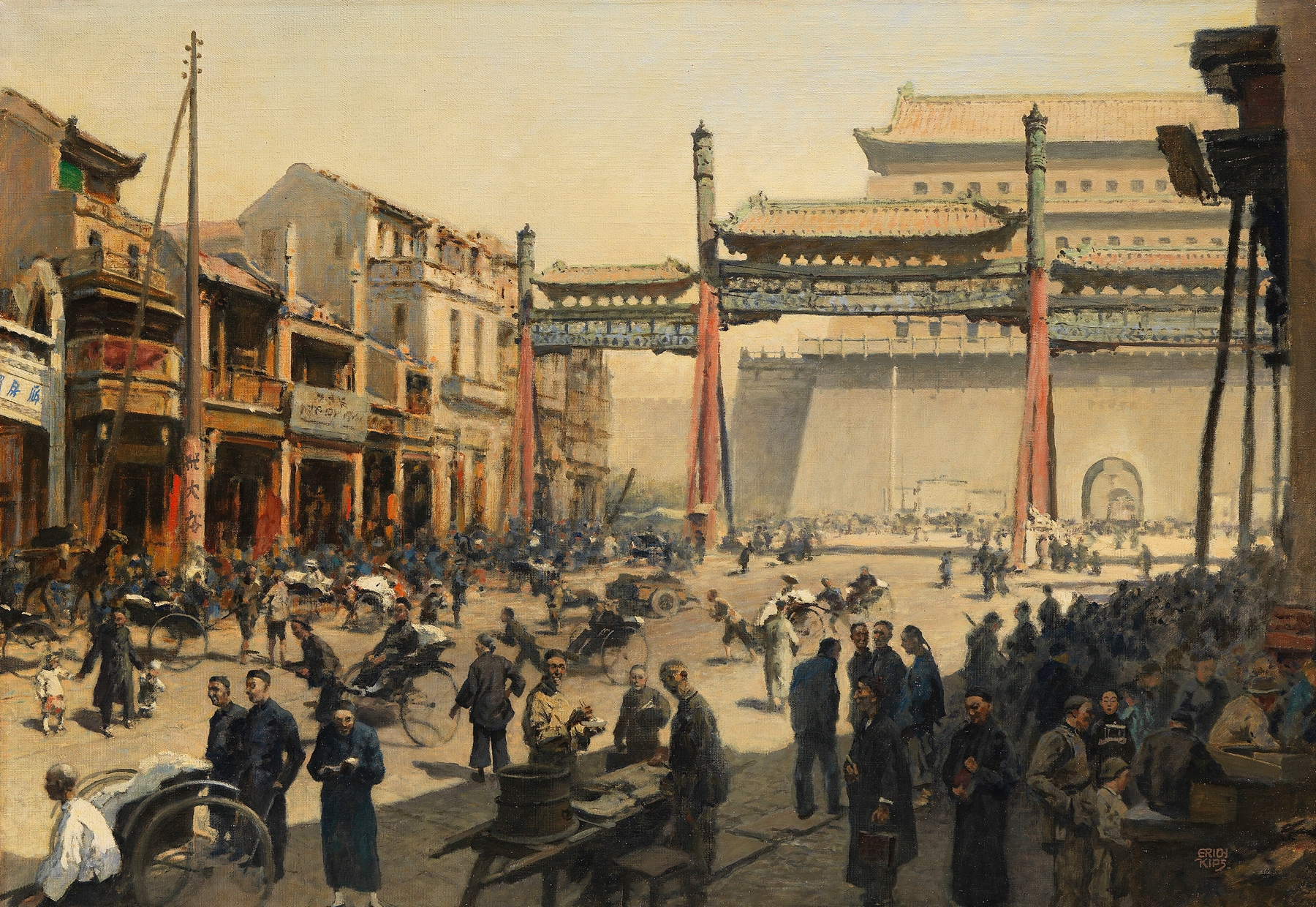 Genre scene depicting a busy street in Beijing, oil on canvas by Erich Kips
