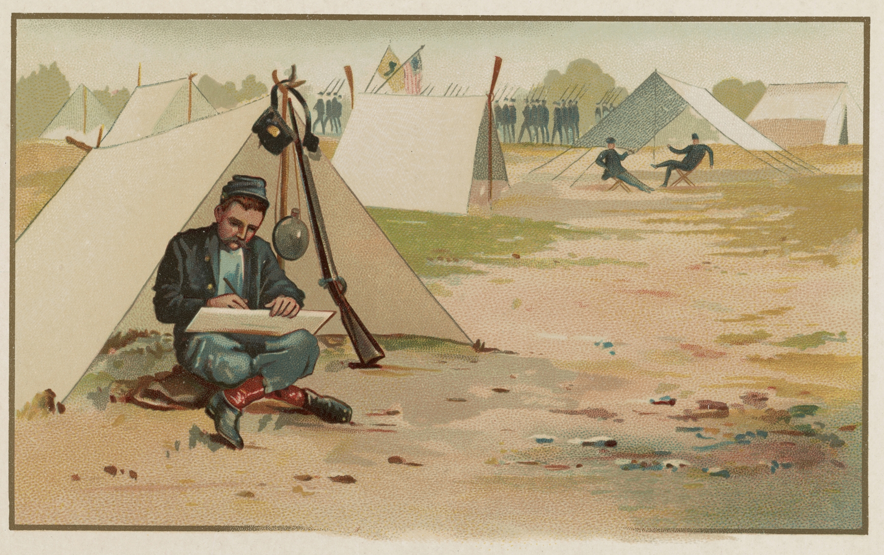 Union soldier drawing in front of a tent at army camp, oil on canvas by Louis Kinney Harlow