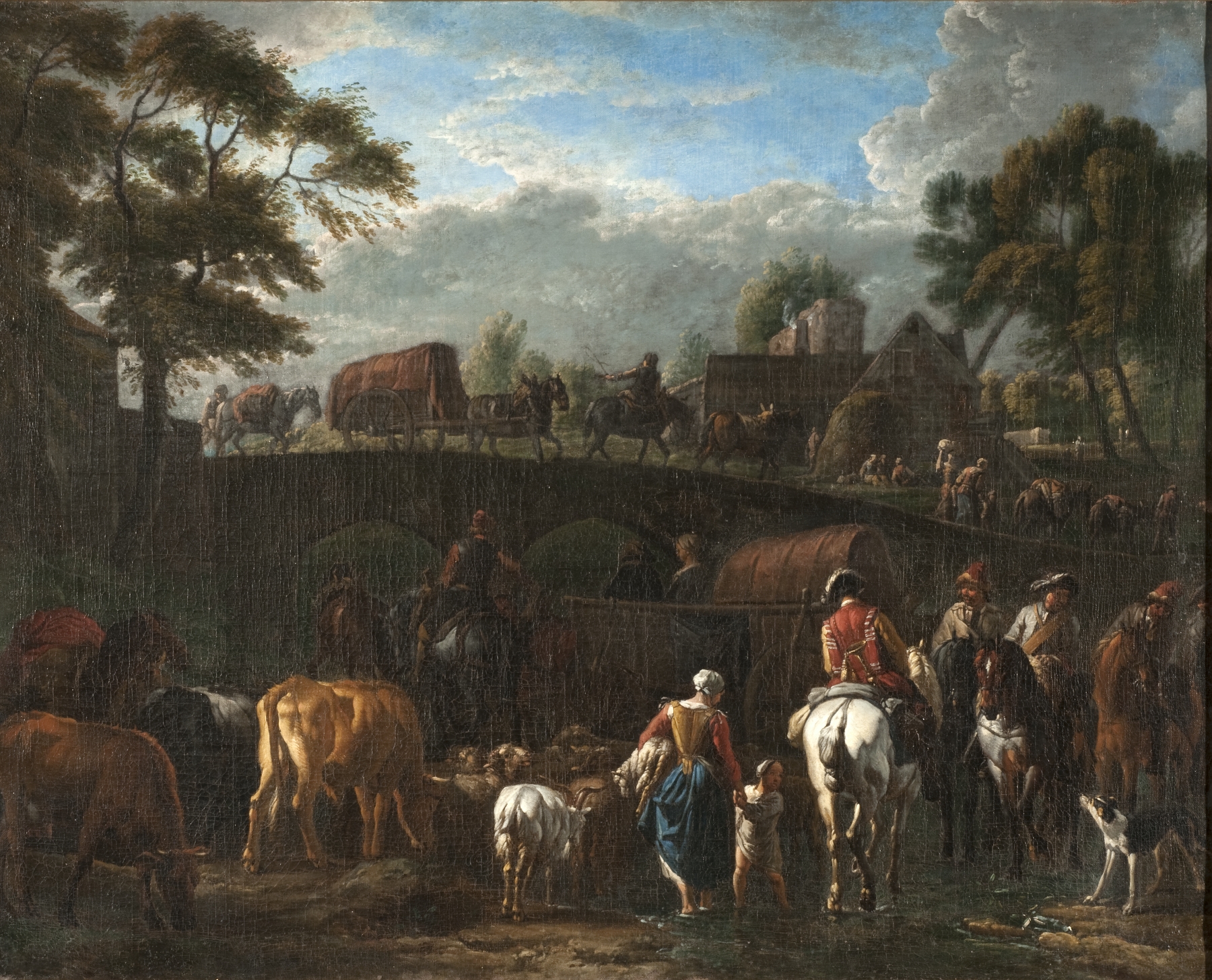 Landscape with peasants, soldiers, and cattle by Pieter van Bloemen, oil painting