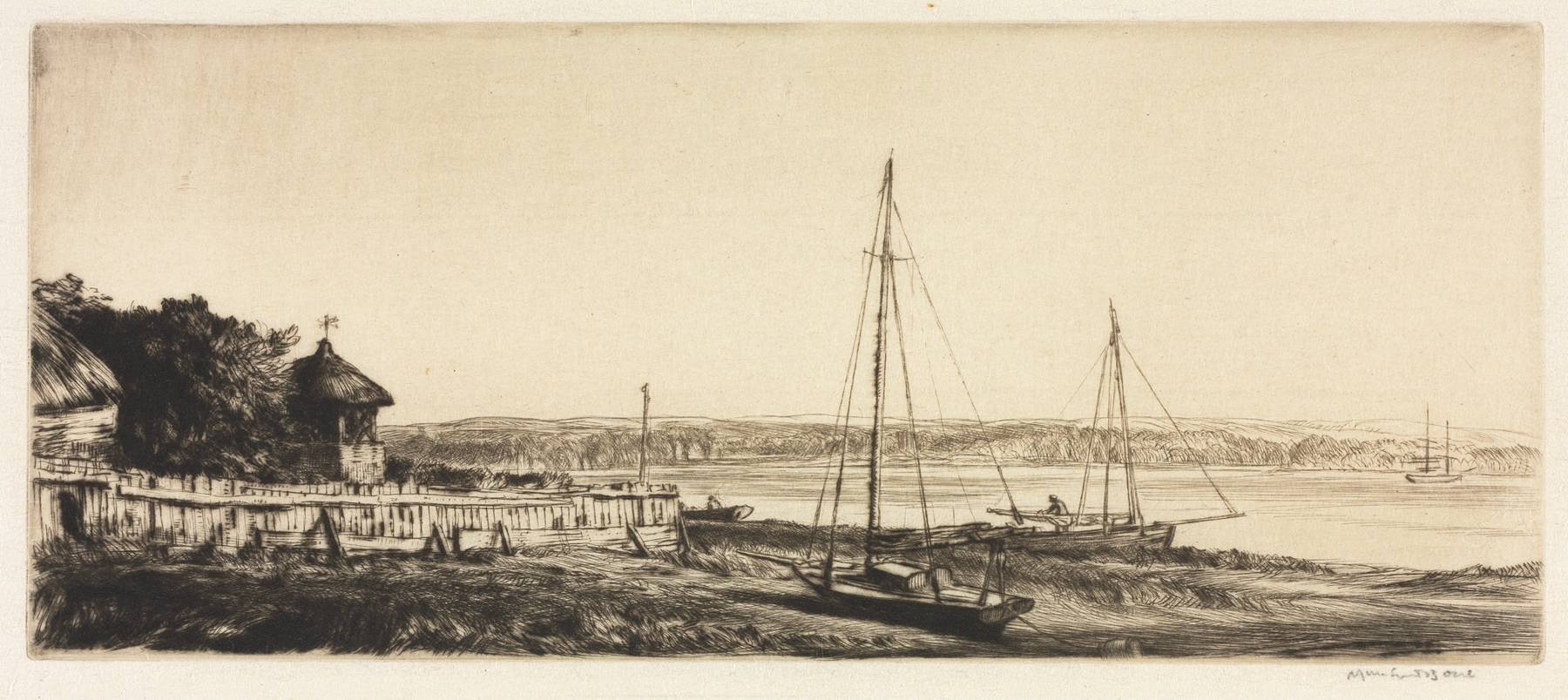 Etching by Muirhead Bone depicting a serene landscape with rolling hills.