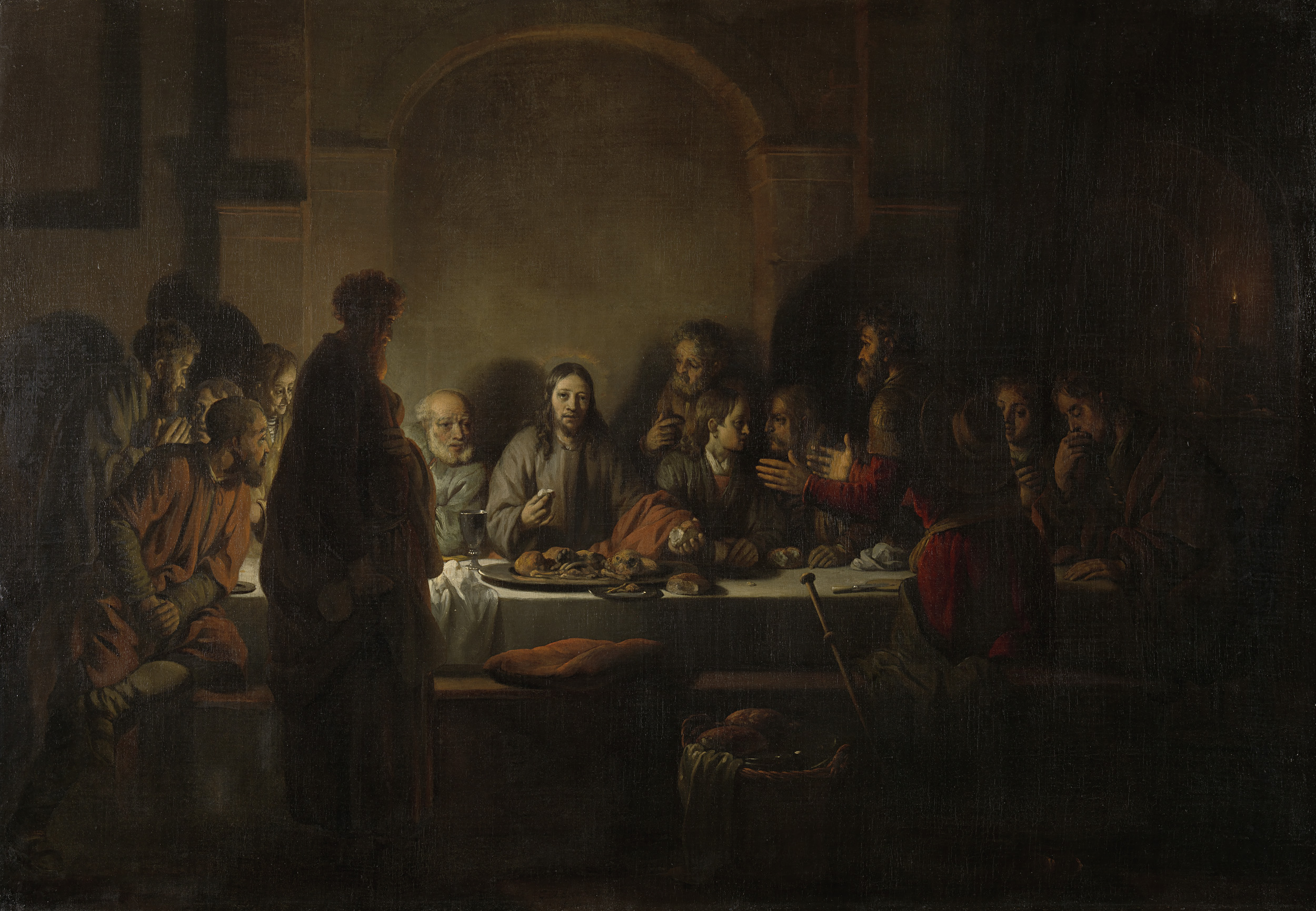 The Last Supper by Gerbrand van den Eeckhout, oil on canvas showing men around a table in candlelight.
