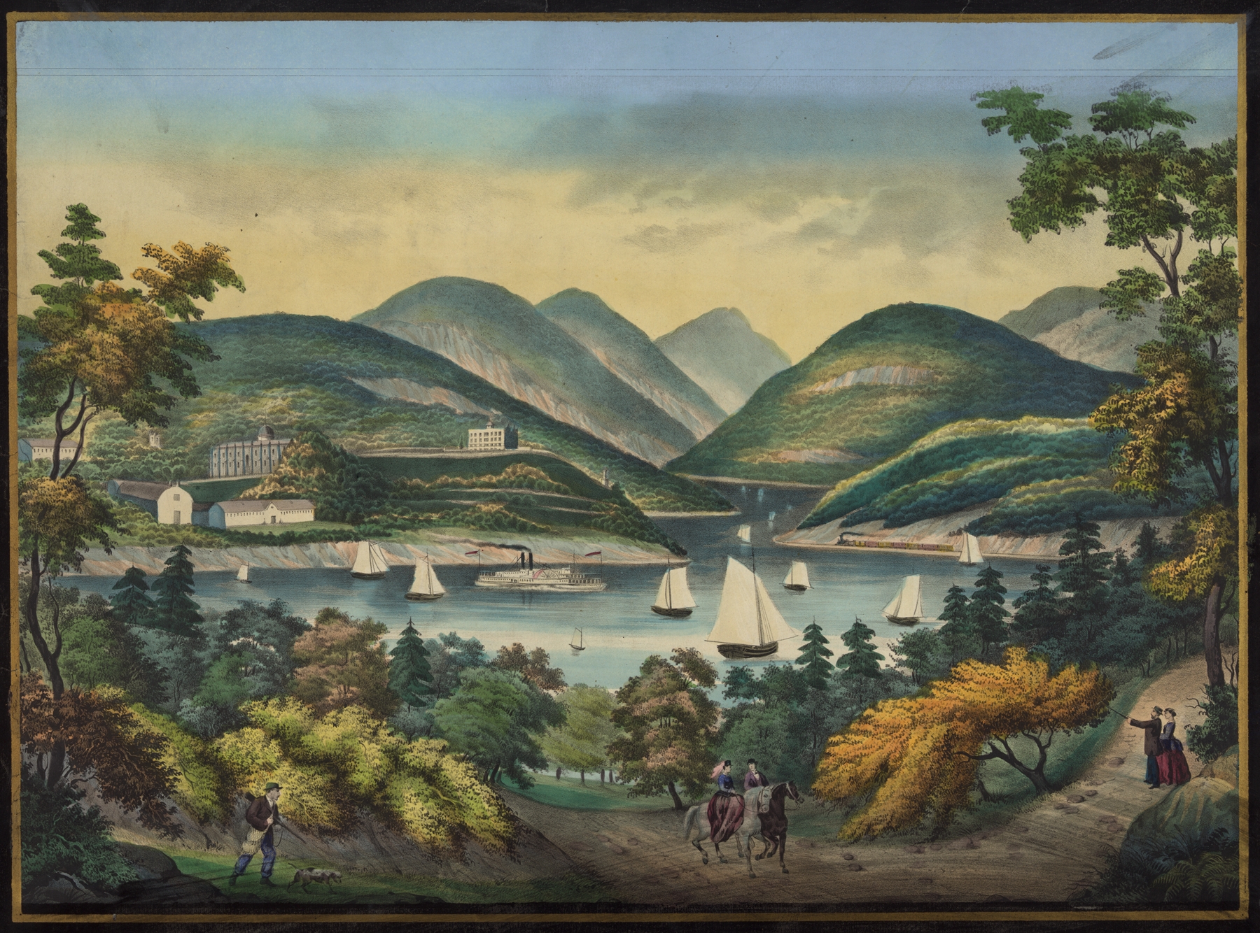 West Point on the Hudson, oil on canvas by Henry Jerome Schile, depicting a river and cliffs under sunlight.