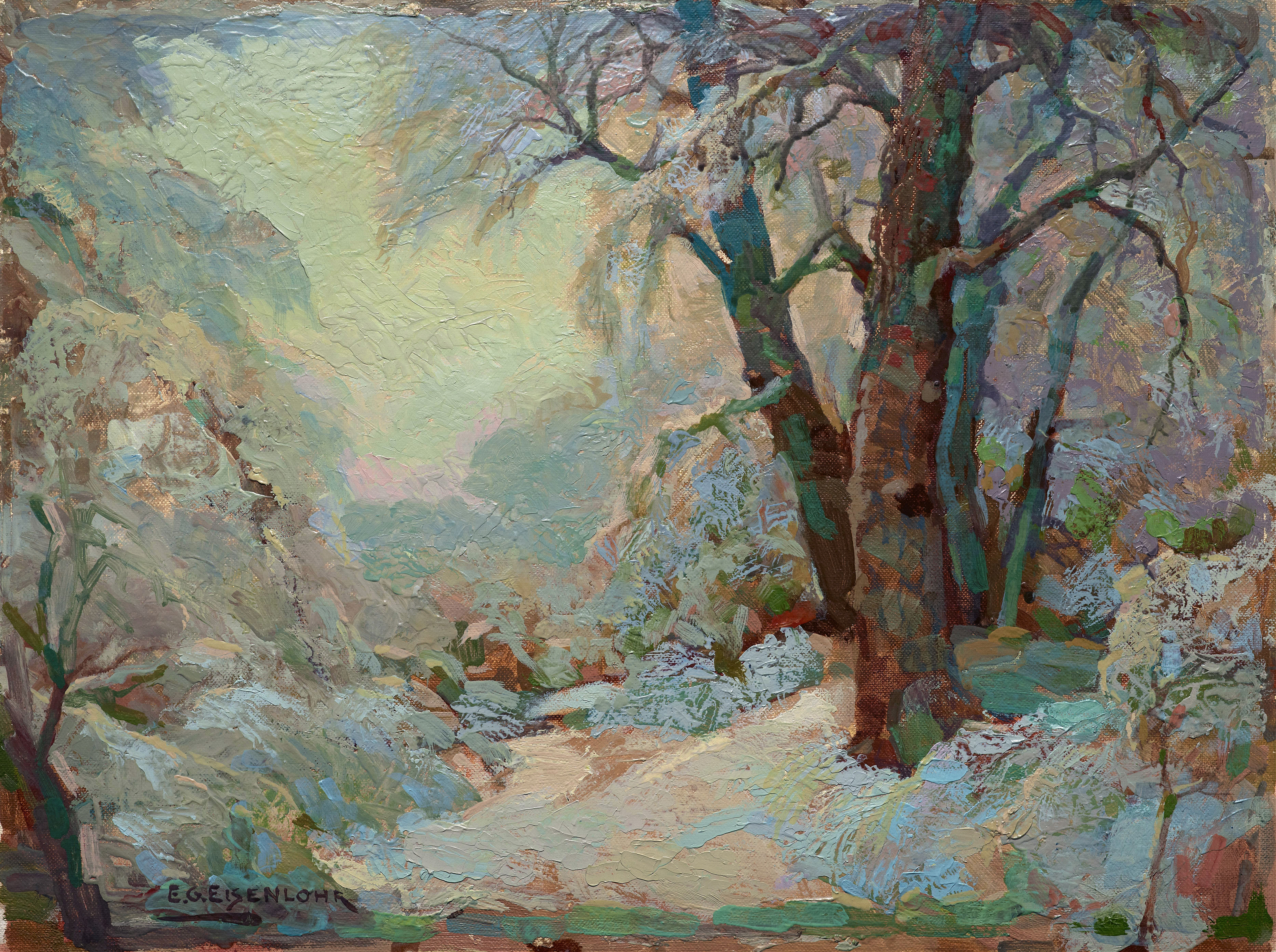 Winter Landscape by Edward G. Eisenlohr, oil painting depicting snow-covered hills and a tranquil winter scene.