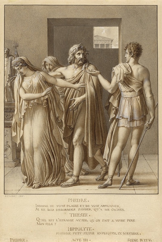 A dramatic scene depicting Phaedra rejecting Theseus's embrace.