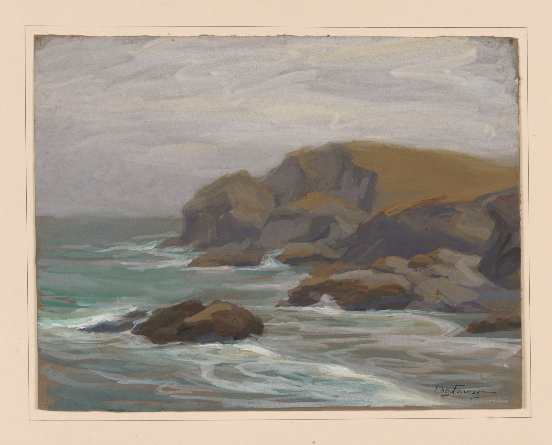 Seascape with Rocks, oil painting by Edgard Farasyn depicting turbulent waves and jagged rocks.