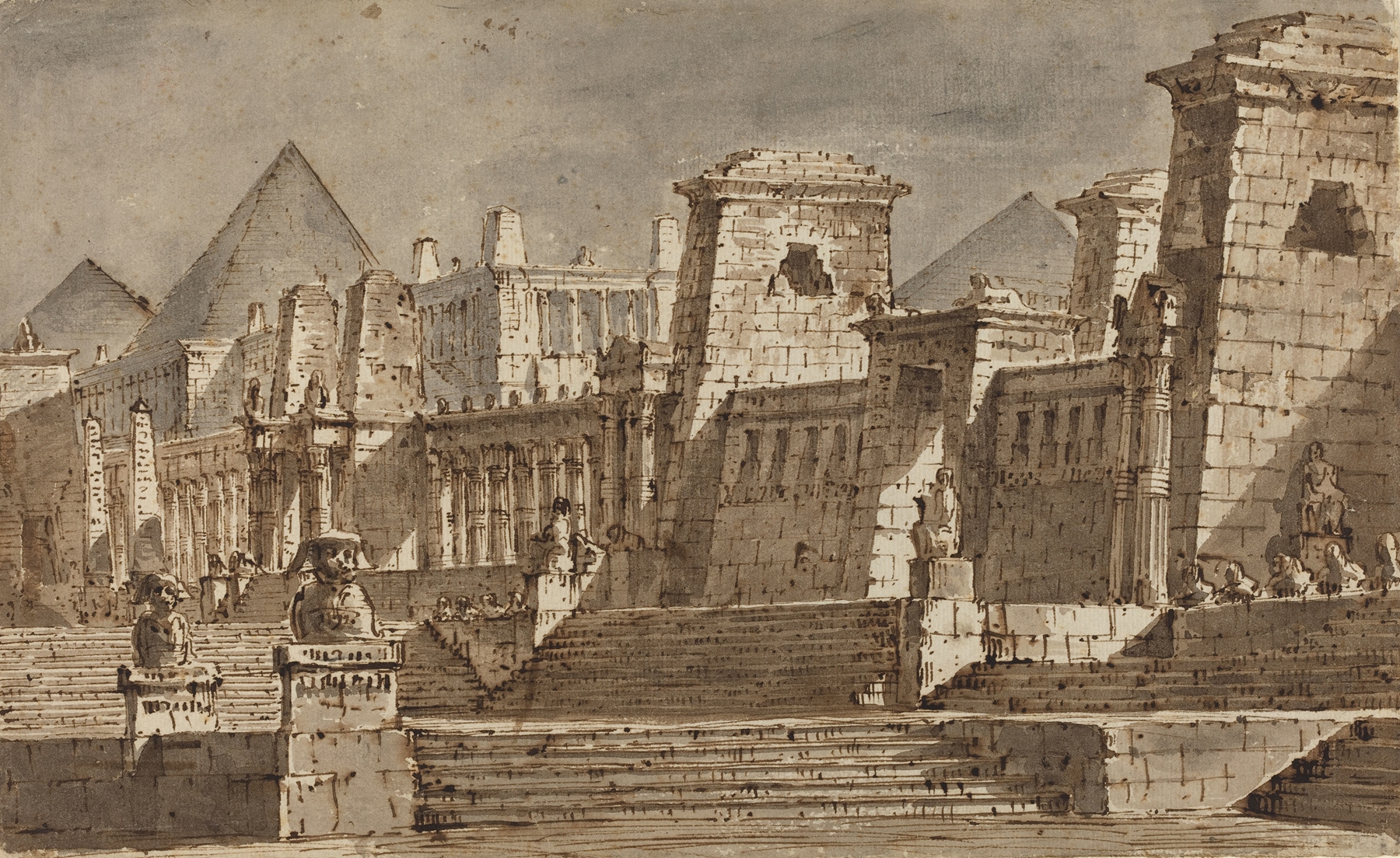 An Egyptian Stage Design by Pietro Gonzaga, featuring hieroglyphs and architecture in an unknown medium.