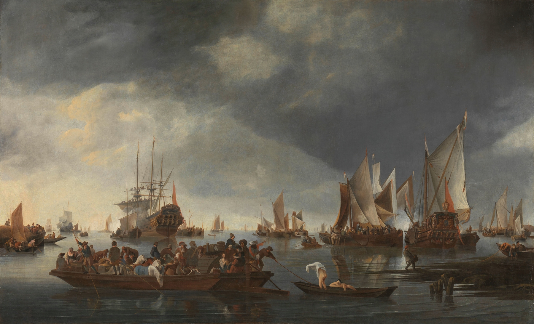 Harbor with Sailboats and Ferry Boat by Hendrick Jacobsz. Dubbels, oil on canvas