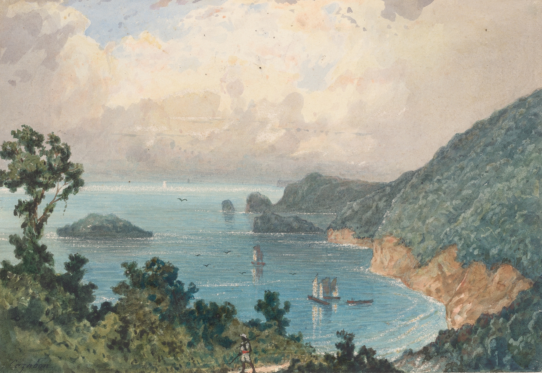 Northern Coast from North Post by Michel Jean Cazabon, oil painting of a tranquil coastal landscape.