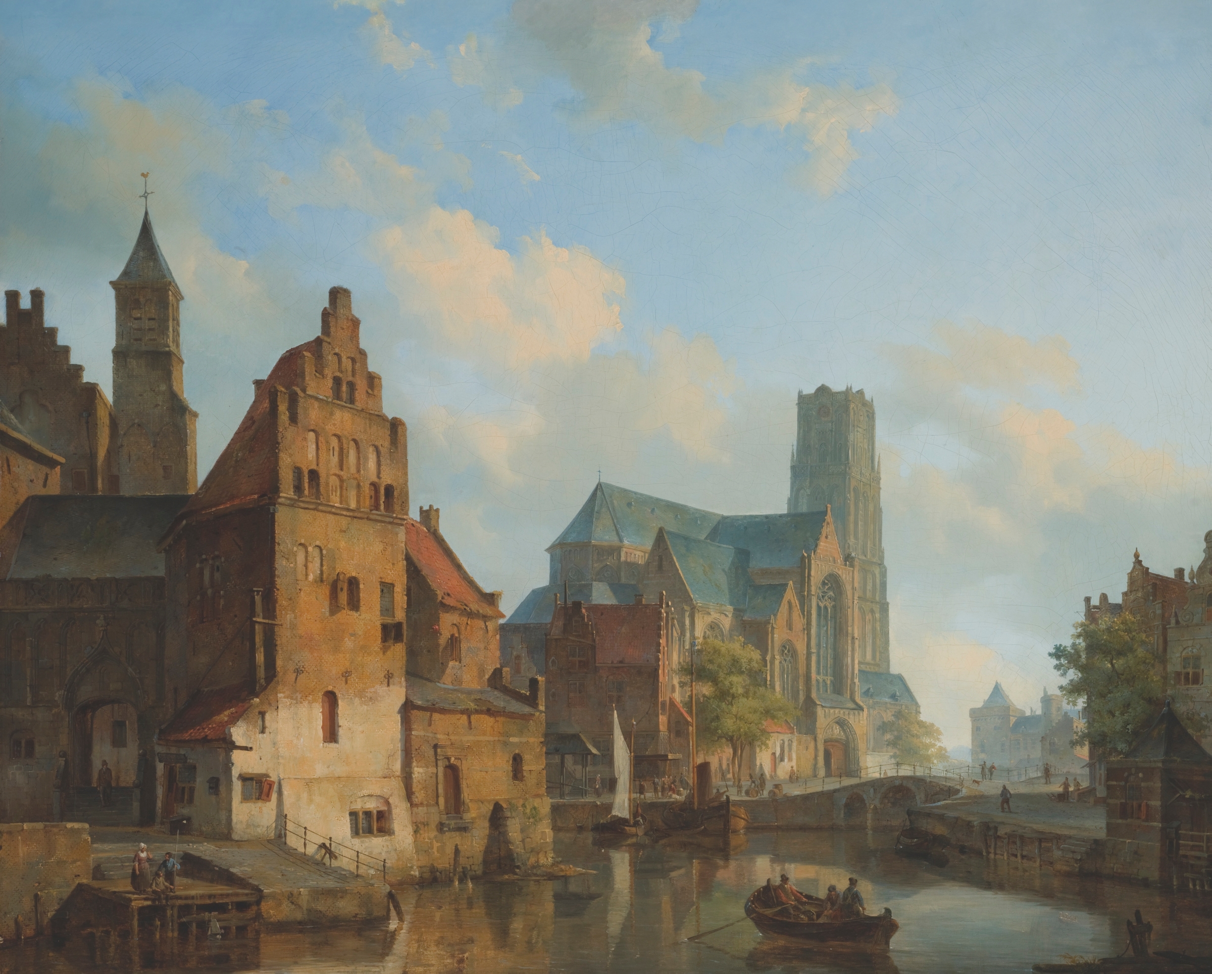 A landscape showing the Delftse Vaart and St Laurens Church by Cornelis Springer, oil painting