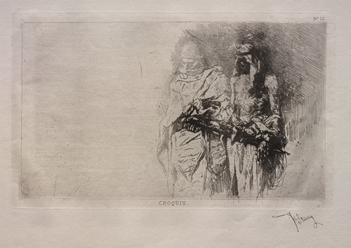 A sketch depicting two Arabian figures in traditional attire.