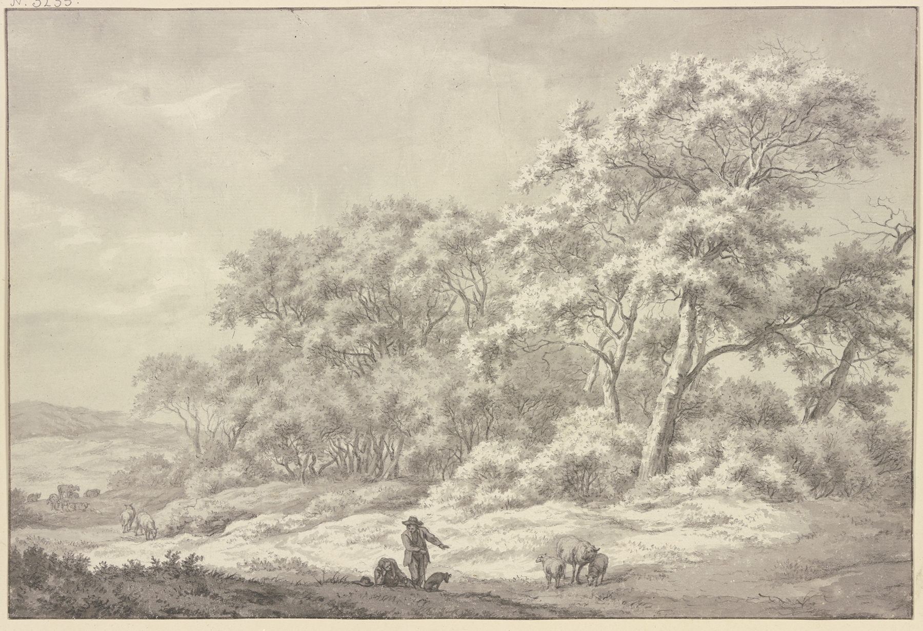 Oil painting by Franciscus Andreas Milatz depicting a forest scene with sheep, two shepherds, and a dog.