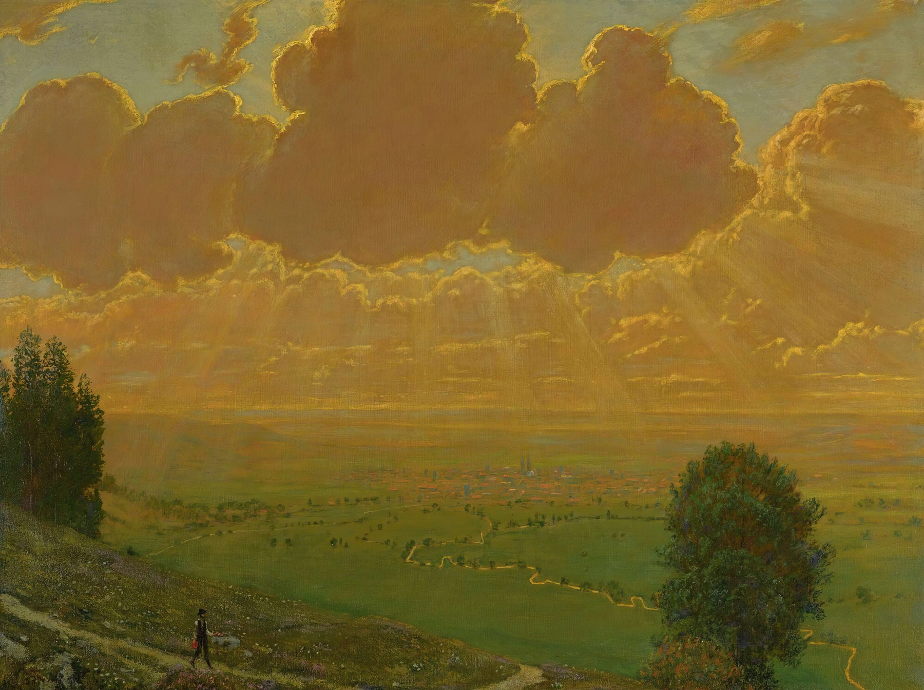 Sunburst Over Säckingen by Hans Thoma, oil painting depicting a vibrant sunrise over a tranquil forest
