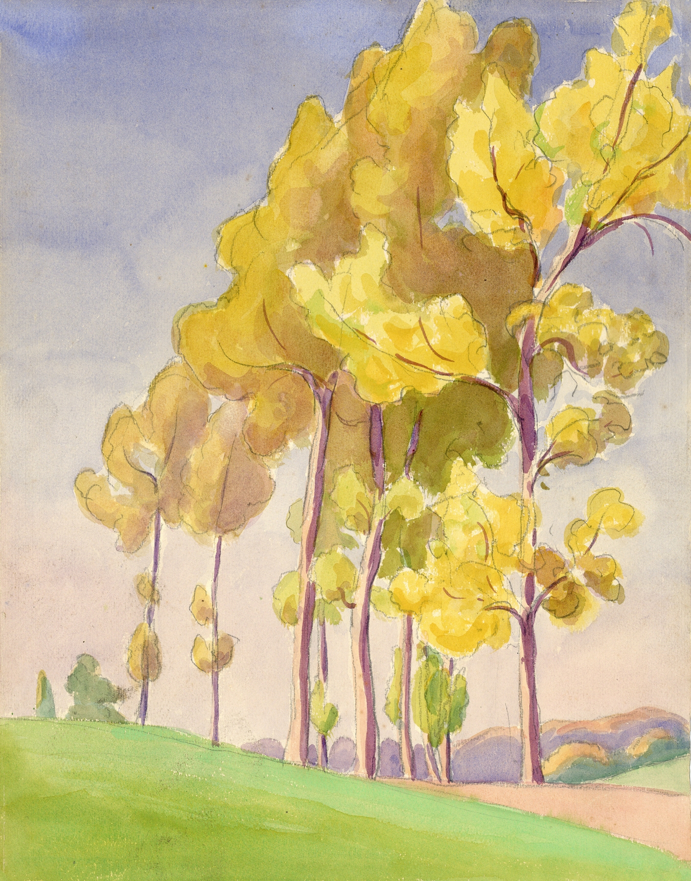 Landscape watercolor by Albert Daenens depicting soft hues and shadows.